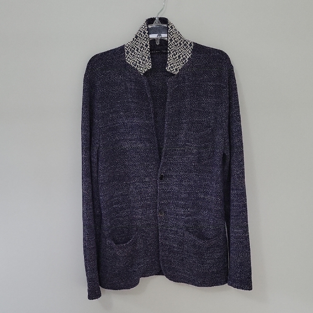 Zara Men's Dark Blue Cardigan with Patterned Collar, Size Large